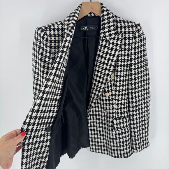 ZARA Black White Houndstooth Double Breasted Blazer Gold Button Tweed Size Small - Picture 5 of 9